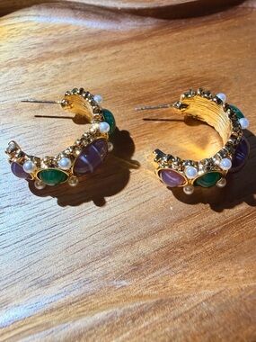 Gold Hoop Earrings with Green and Purple Gem Accents